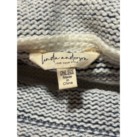 Striped Fringe Women Cowl Neck Poncho Navy Cream OS Cottagecore Quiet Luxury - Picture 4 of 11